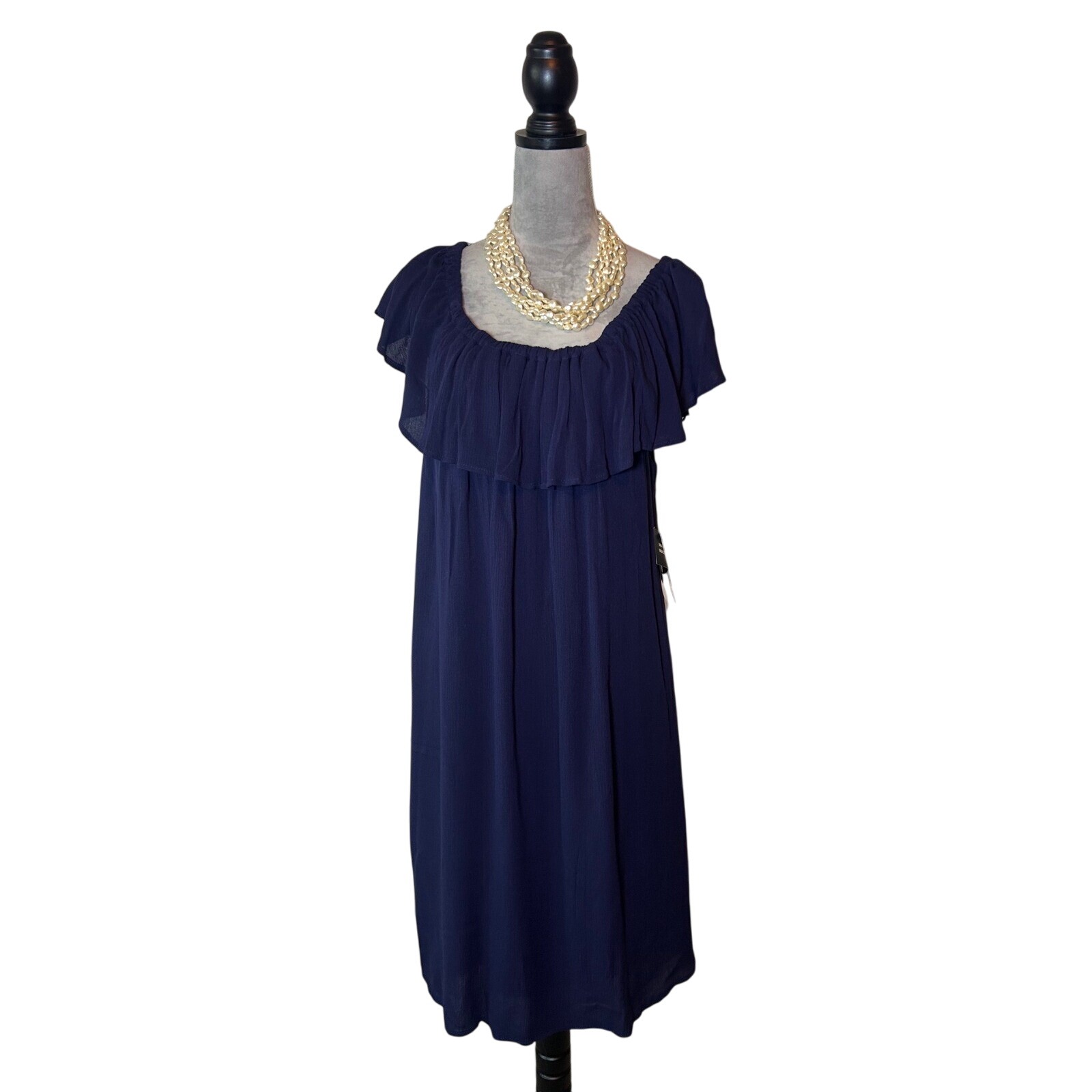 Nwt Sandra Darren Navy Dress Ruffle Neckline Midi Dress Womens Size 16